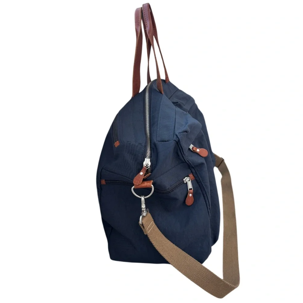 J Crew Duffle Bag Harwick Overnight Bag Weekend Travel Leather Fabric Navy Brown